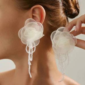 Salircon Bohemian White Mesh Flower Tassel Pendant Earrings Women Elegant Crystal Pearl Long Bowknot Drop Earrings Jewelry Gifts