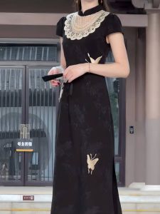 Đầm Cheongsam Voan Thêu Hoa Ren Dài Tinh Tế Giảm Cân Size Lớn