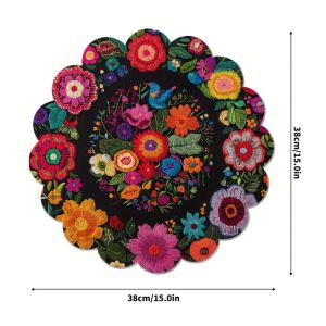 VIKAMA Boho Embroidered Floral Placemat Black Canvas Colorful Peony Daisy Folk Art Scalloped Edge Dining Table Mat Ethnic Decor