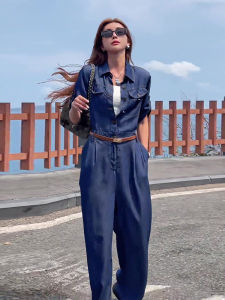 Retro High Waist Loose Slimming Ice Silk Denim Overalls Womens Summer New Style Comfortable Wide Leg Pants One-Piece Suit