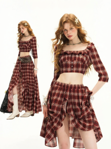unifree | Plaid Mid Sleeve T-Shirt with Ruffle Trim Irregular Long Skirt Set