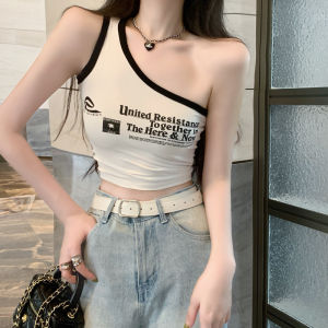 GUZILIAN | Áo ba lỗ hở vai in chữ gợi cảm cho nữ mùa hè phong cách Hàn Quốc Áo khoác ngoài ngắn thiết kế cổ chữ V