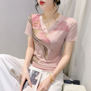 Yimei Quảng Châu ngắn tay in họa tiết áo lưới ôm vừa nữ áo thun nữ cổ chữ V Hàn Quốc cỡ lỡn áo nhỏ ngọt ngào