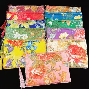 Women Silk Printed Fabric Coin Purse Zippered Jewelry Bag