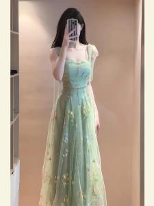 Green French Style Autumnal Womens Dress Elegant Forest System Halter Neck Strapless Long Skirt High Waist A-Line Korean Version