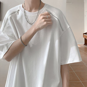 American Style Mens Cotton T-Shirt Summer Thin Casual Short Sleeve Zipper Heavyweight Loose Fit round Neck Top for Youth