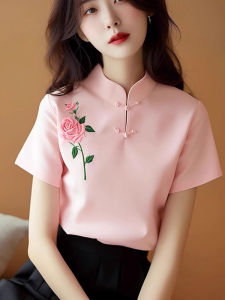 เสื้อเชิ้ตแขนสั้นคอตั้งพิมพ์ลายดอกกุหลาบสไตล์จีนใหม่ เสื้อเชิ้ตทรงเข้ารูปสำหรับผู้หญิง ฤดูร้อน 2025 ชุดชั้นในลำลอง