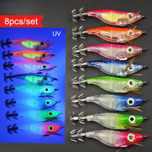 8pcs/set Luminous Squid Jigs 10cm Horizontal Egi Set Wood Shrimp Lures Octopus Cuttlefish Fishing Bait Glow Saltwater Tackle Kit