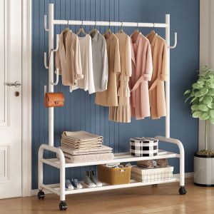 150cm ราวแขวนผ้า ราวตากผ้า ราวแขวนผ้า ราวตากผ้าเหล็ก กระบวนการดูแลร้าน ราวตากผ้ามีล้อเลื่อน ด้างล่าง 2 ชั้น ประกอบง่าย พร้อมล้อเลื่อน