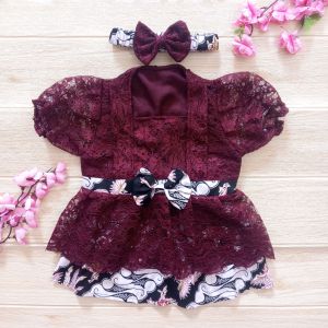 Kebaya Anak Bayi 6 Bulan Setelan Kutubaru Burgundy Encim Betawi Brukat Batik Free Bando