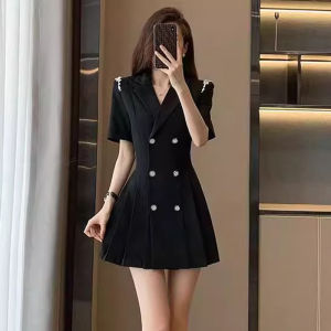 Business Suit Dress Slim Fit Pleated Skirt Short Sleeve High Waist Polyester Fiber A-Line Dress Summer New Arrival