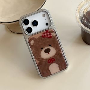 Cartoon Cute Brown Bear Red Hat Bowknot Drop Glue Silver Border Shock Proof Phone Cover Case for iPhone 17 16 15 14 Pro Max