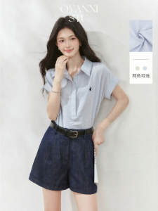 OUYANGXI | Áo Sơ Mi Cổ Polo Thêu Chữ Tay Ngắn Phong Cách Học Đường