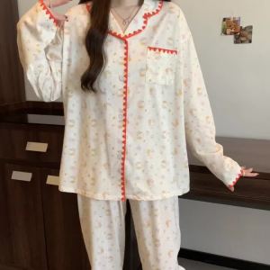 Cute Cartoon Print Pajamas Set for Women Soft Long Sleeve Button Down Loungewear with Orange Trim Spring Fall Casual Homewear