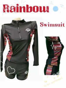 RAINBOW Womens High-Quality Nylon Rashguard Set - Long Sleeves & Shorts Multi-Color Print Sizes M-3XL
