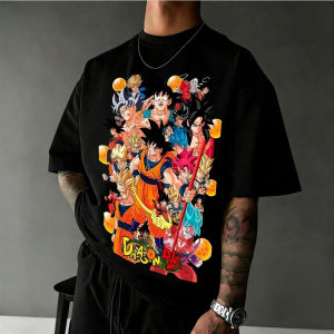 Bandai | 2026 New Dragon Ball Retro Anime T-Shirt - Goku in All Forms and With Dragon Ball Patterns Printed on Cotton Casual Shirt