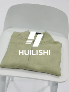 HUILISHI Men Green Linen Texture Zip Up Stand Collar Short Sleeve Shirt Loose Casual Summer Top