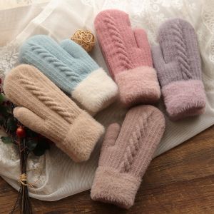 Women Fashion Knit Twist Flowers Mittens Winter Female Wool Cashmere Plus Velvet Thickening Warm Full Finger Gloves Guantes