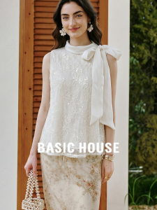 Basic House | Lace Embroidery Sleeveless Summer Bow Tie French Style Blouse