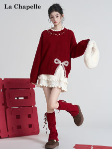 La Chapelle | Áo Sweater Len Nữ Mùa Xuân/Thu Đỏ Voan Hoa và Nơ