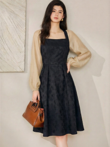 Roey s house | Luxurious Noble Texture Brocade Dress A-Line Cinched Waist Square Neck