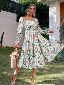 Womens Square Neck Long Sleeve Dress High Waist Princess Style Spring Summer Autumn Fashion European And American Design