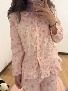 Bộ Đồ Ngủ Cotton Dài Tay Thoải Mái Dễ Thương Có Đệm Ngực Cho Nữ Bộ Đồ Ngủ Cotton Mùa Thu Đông Thường Ngày Rộng Rãi Dễ Thương