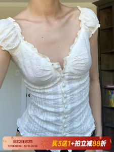 Amyway French Girl Sensation Pure Desire Pleated Niche Design Bubble Sleeve Button up Lace Trim T-Shirt Womens Fashion Summer Top