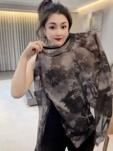New Chinese Ink Painting National Style Mesh Long Sleeves T-shirt Womens Summer Thin Silm Bottoming Shirt Ice Silk Sun Protection Top