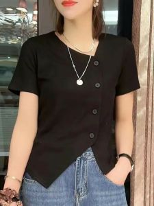 Summer Short Sleeve T-Shirt Set Uneven Hem Pleated Miniature Two-Piece Set Regular Fit Comfortable Breathable Casual Wear