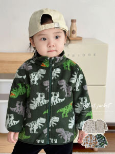 Childrens Fleece Jacket Dinosaur Cartoon Print Loose Casual School Uniform Base Layer Baby Thin Fleece Top Zipper Closure Polyester Fiber