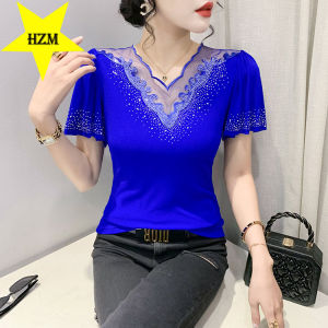 HZM Summer clothes European goods new hollowed out fashion top womens heavy craft nailed beads slim short sleeve lotus leaf 2023 T-shirt