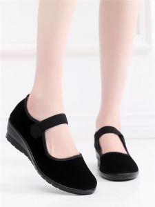 Jingrui Black Fabric Shoes Flat Heel Work Clothing for Women Daily Use Rubber Sole Suede Material Pressure-Injection Shoes