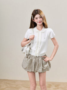 Áo Blouse Tay Ngắn Cổ Peter Pan Viền Gỗ Đáng Yêu
