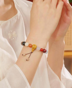 ZHOU LIU FU 周六福 สร้อยข้อมือเงิน S925 18 Beads Stretch Bracelet Agate Chalcedony Bodhi Aquamarine Sandalwood Quartz Ochre Blessing Pray Jewelry for Women Mens Gifts 18cm J1916177