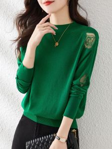 เสื้อถักลายลูกไม้สีเขียวสำหรับผู้หญิง ชั้นใน เสื้อเชิ้ตทรงหลวม แขนยาว คอตั้ง สีพื้น สำหรับฤดูใบไม้ร่วงและฤดูหนาว