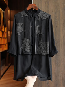 Elegant Black Silk Shirt Womens Retro Embroidery Design Splicing Mulberry Silk New Chinese Style Top Loose Fit Button Detail