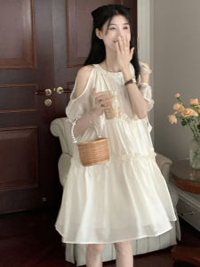 ชุดเดรสยาวคลุมเข่าคอวีแขนสั้นสไตล์เจ้าหญิงหวานๆ สำหรับผู้หญิงในฤดูร้อน ชุดนางฟ้าสายเดี่ยวสไตล์ฝรั่งเศส