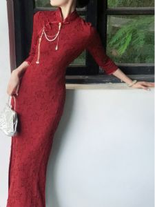 Cherry Garden Palace Wall Red Embroidered Long Sleeve Wedding Dress Traditional Chinese Style Cheongsam Maxi Skirt for Women