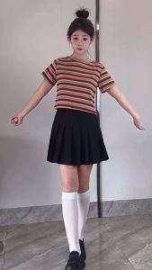 t-shirts for women Rainbow striped t-shirt summer short-sleeved Korean sweet crop top