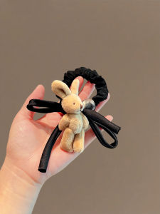 Fancy Exquisite Black Satin Woven Stringed Pearls Bows Little Bear Doll Korean Hair Ring Bun Head Rope