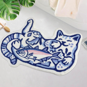 VIKAMA Flower Pattern Cat-shaped Exotic Carpet Anti-slip Water-absorbing Bathroom Floor Mat Pet Lovers Home Decoration