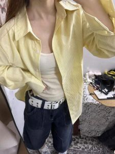 Sọc Vàng Nguyên Chất Cotton Vải Bông Rộng Rãi Nữ Áo Sơ Mi Thoải Mái Thời Trang Mùa Hè Có Thể Đeo Được Nút Lên Cổ Polo Quần Áo Công Sở Dài Tay