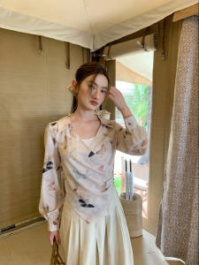 NIHAOKANONG | Áo Blouse Mùa Hè Ngắn Hai Mảnh Thiết Kế Giao Nhau