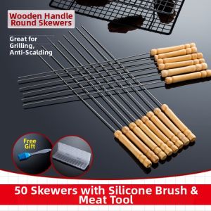 Wood Handle Stainless Steel BBQ Skewer