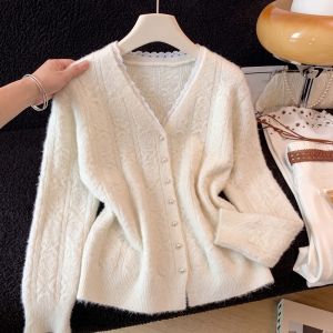 French Solid Lace Edge V-neck Autumn Winter Popular New Knitted Cardigan Sweater Womens Long-sleeved Pearl Single-breasted Top