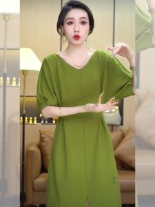 Elegant Green Dress Formal Occasion Womens Fashion Slimming Skirt Casual Style Gathered Waist Polyester Fiber Short Sleeve A-Line Dress