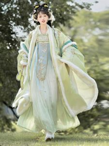 Váy Xếp Ly Cổ Cao Thêu Lụa Len Tay Lớn Mùa Đông Phong Cách Đường Hanfu Váy Xếp Ly Ngực Nguyên Bản Hanfu Phong Cách Trung Hoa Cổ Điển