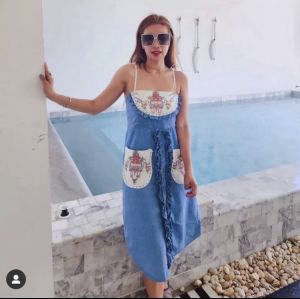 Spaghetti Strap Jeans Square Neck Embroidery Denim Dress - P010-061 PIMNADACLOSET