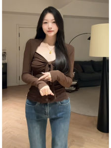 YUEZHONGWEI | French V-neck Bow-tie Coffee-colored Long-sleeve Womens Tee